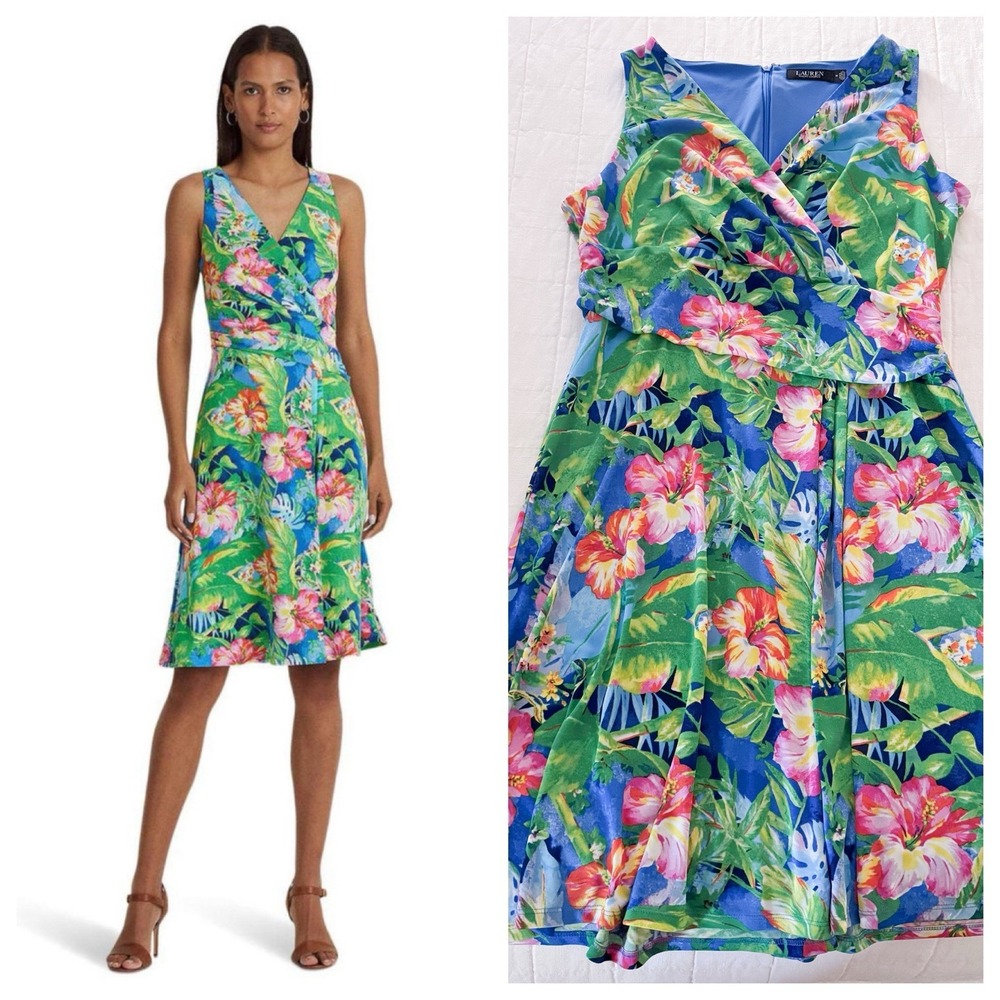 Lauren Ralph Lauren Dress Size 14 Floral Jersey Sleeveless Tropical Ruched